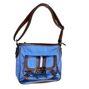 Chaps Handbag Purse Shoulder Bag Sky Blue Leather Brown Trim Adjustable‎ Strap